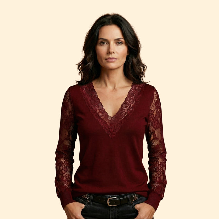 Women's V-Neck Blouse with Lace Sleeves