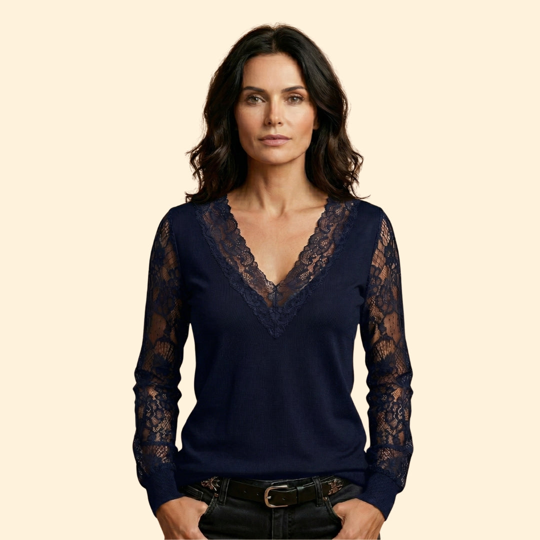 Women's V-Neck Blouse with Lace Sleeves