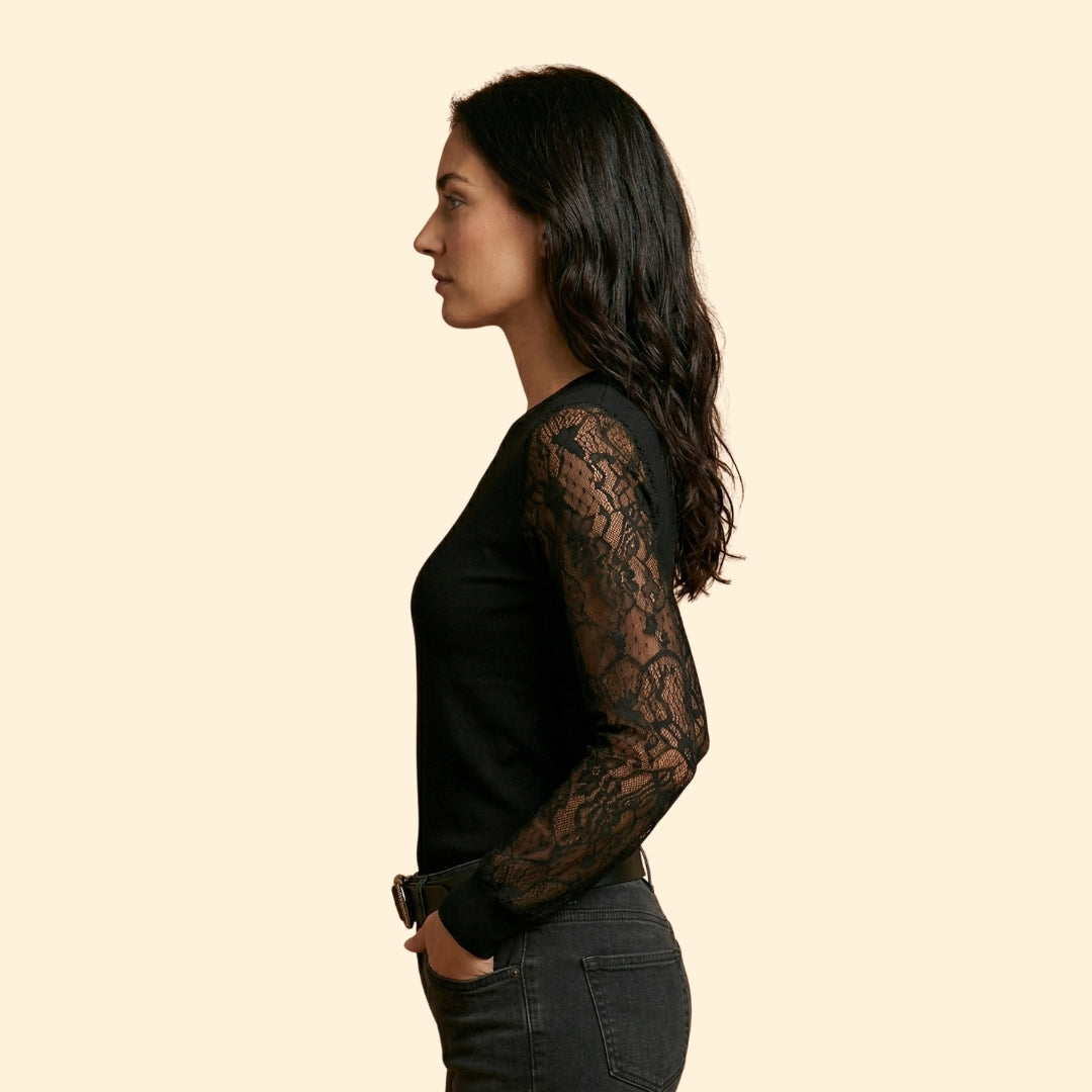 Women's V-Neck Blouse with Lace Sleeves