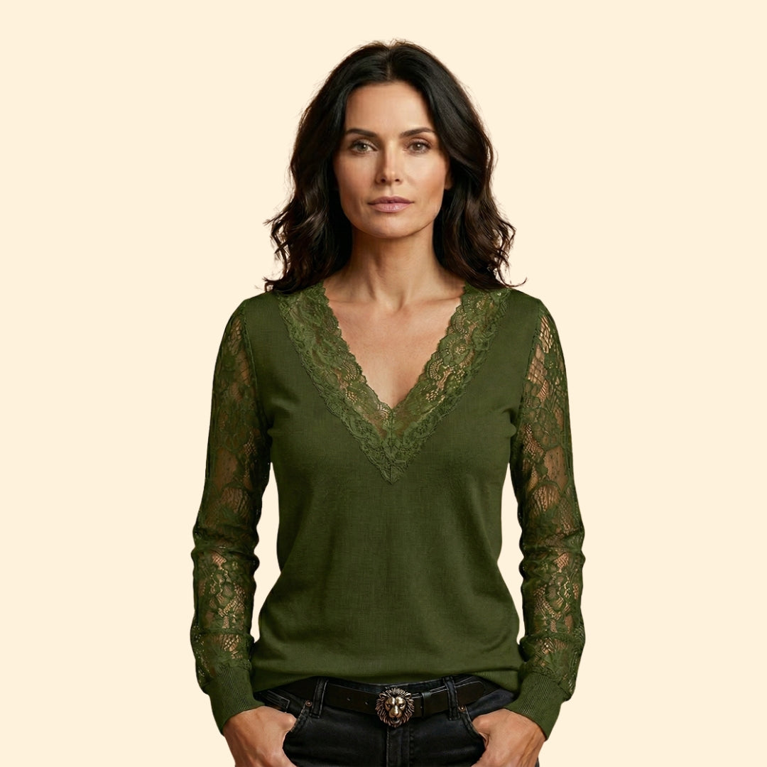 Women's V-Neck Blouse with Lace Sleeves