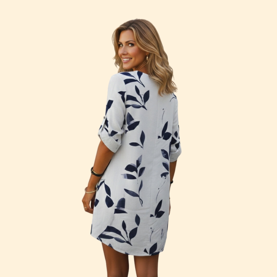 Women’s V-Neck Dress with Floral Leaf Design