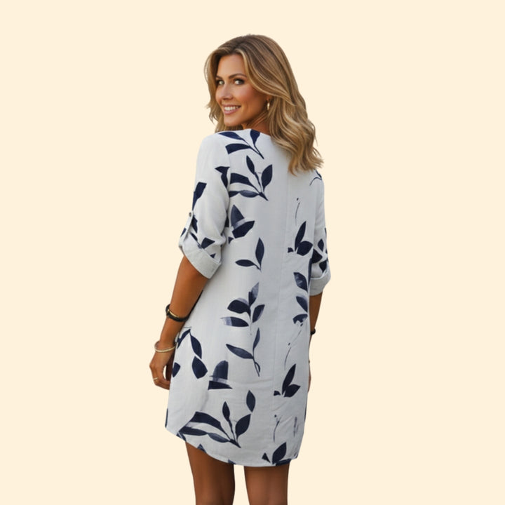 Women’s V-Neck Dress with Floral Leaf Design