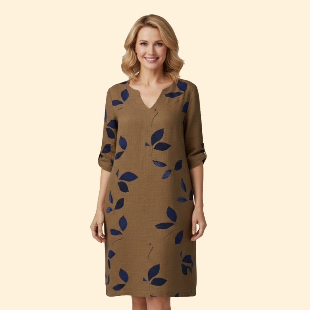 Women’s V-Neck Dress with Floral Leaf Design