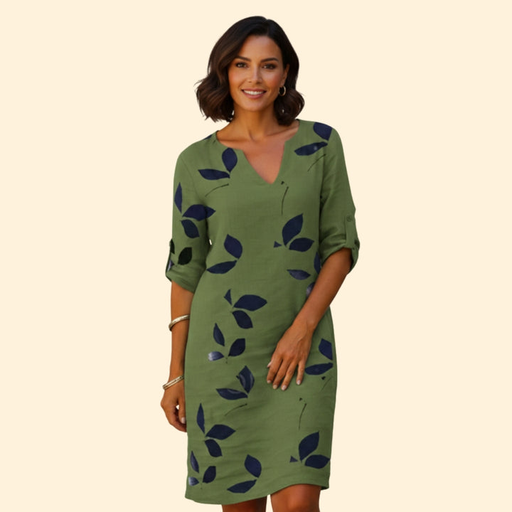 Women’s V-Neck Dress with Floral Leaf Design