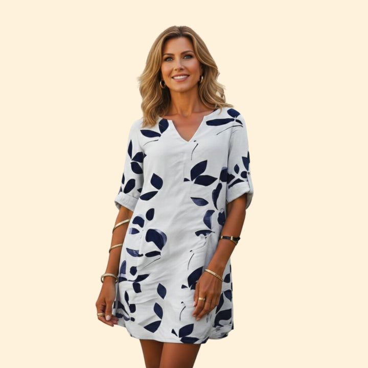 Women’s V-Neck Dress with Floral Leaf Design