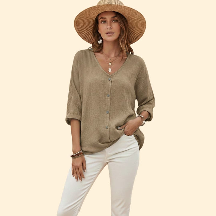 Women’s V-Neck Shirt with Button Front Detail