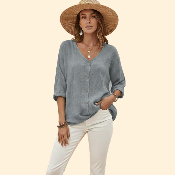 Women’s V-Neck Shirt with Button Front Detail