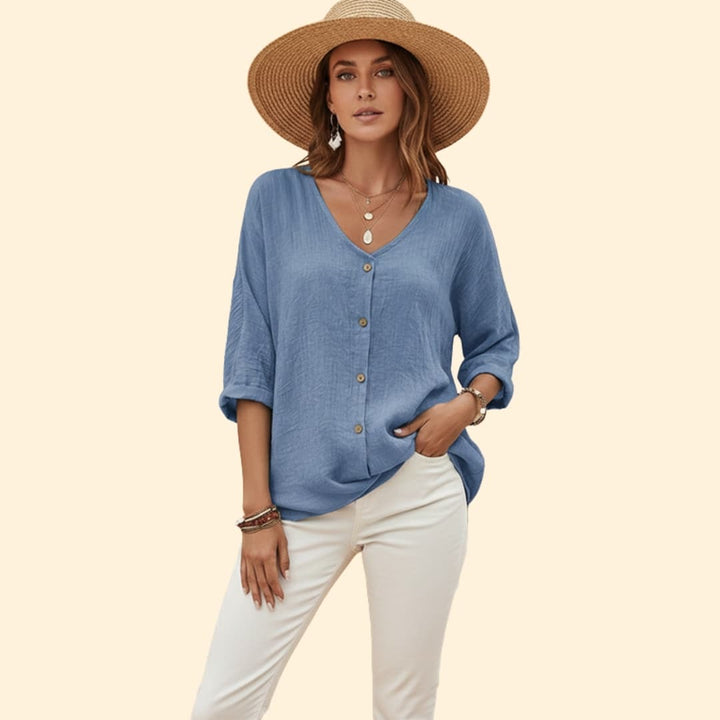 Women’s V-Neck Shirt with Button Front Detail