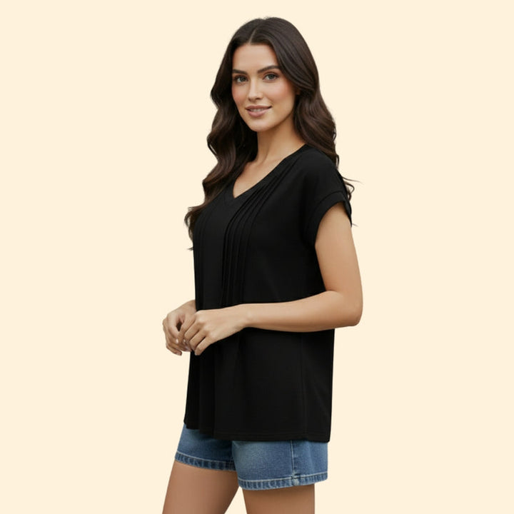 Women’s V-Neck T-Shirt with Pleated Design