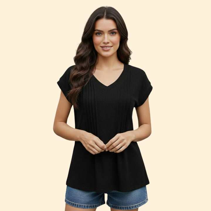 Women’s V-Neck T-Shirt with Pleated Design