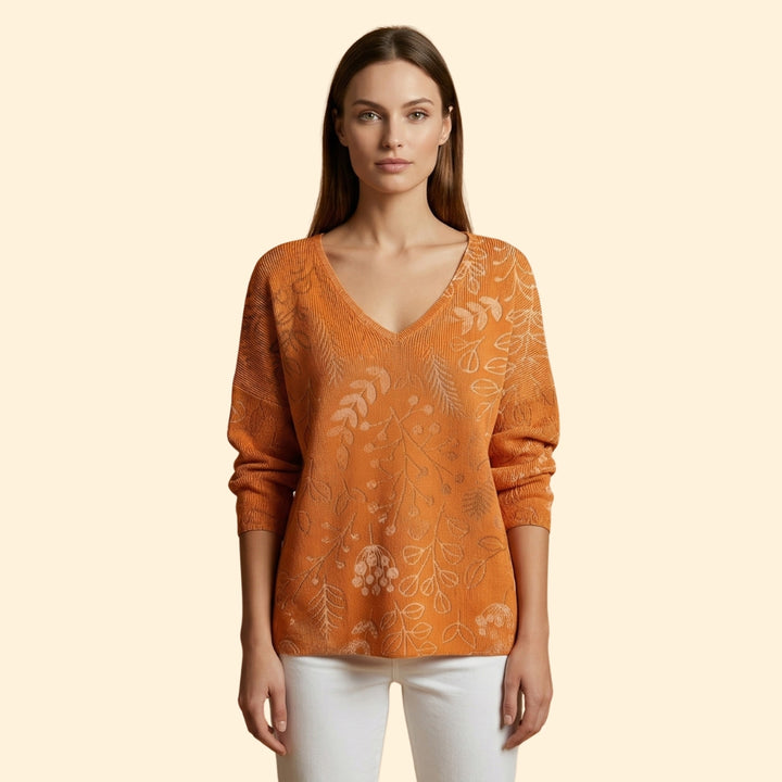 Women's V-Neck Top with Botanical Pattern