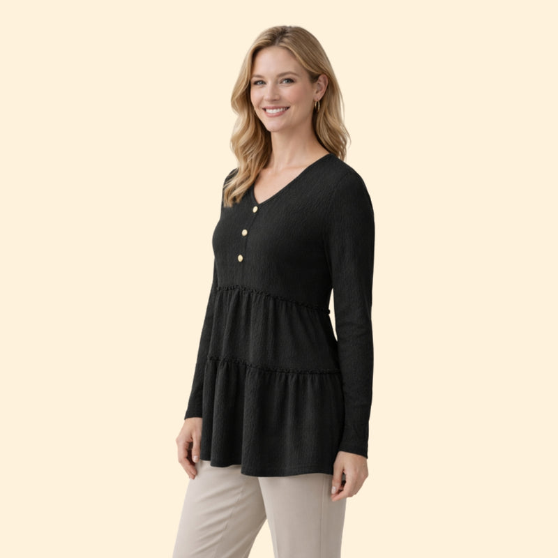 Women’s V-Neck Top with Button and Ruffle Detail