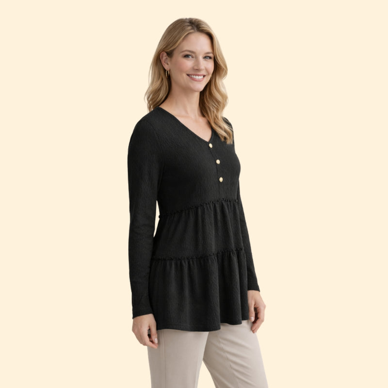 Women’s V-Neck Top with Button and Ruffle Detail