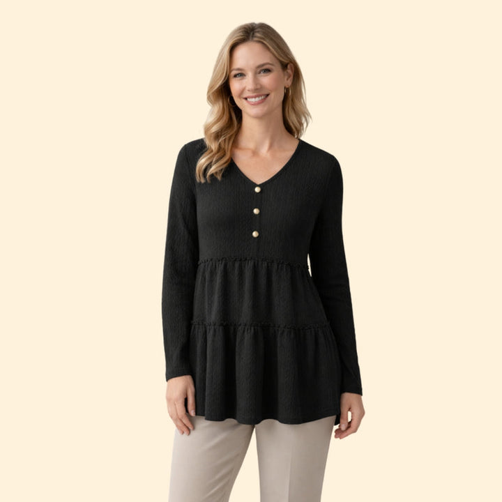 Women’s V-Neck Top with Button and Ruffle Detail