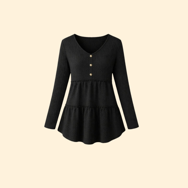 Women’s V-Neck Top with Button and Ruffle Detail