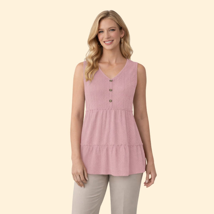 Women’s V-Neck Top with Button and Ruffle Detail