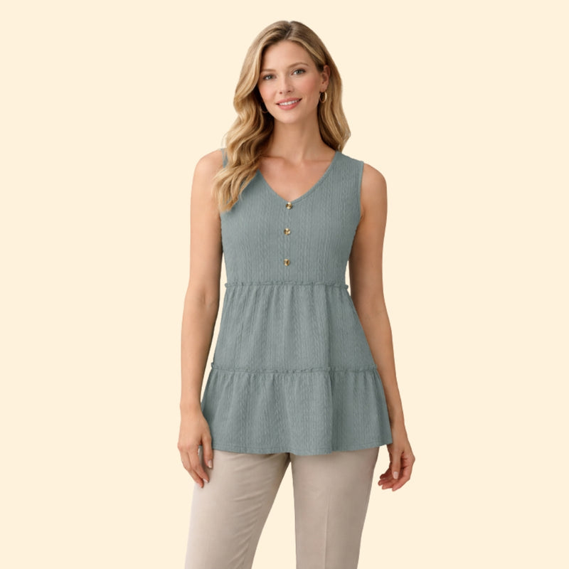 Women’s V-Neck Top with Button and Ruffle Detail