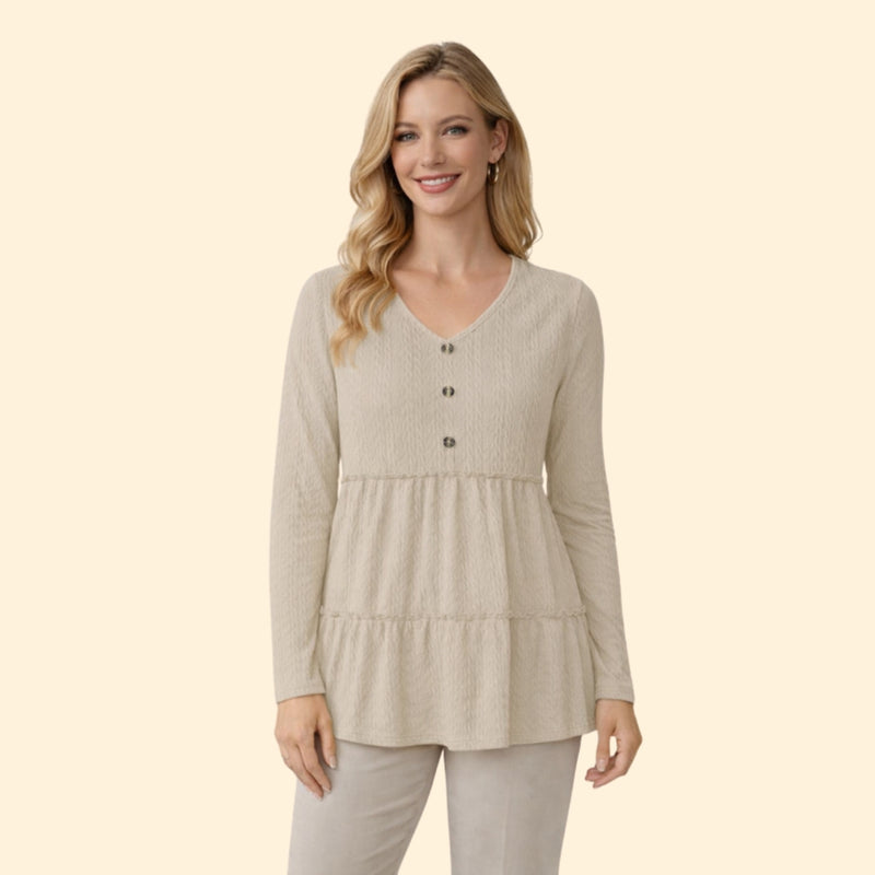 Women’s V-Neck Top with Button and Ruffle Detail