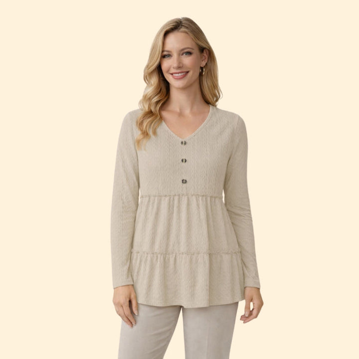 Women’s V-Neck Top with Button and Ruffle Detail