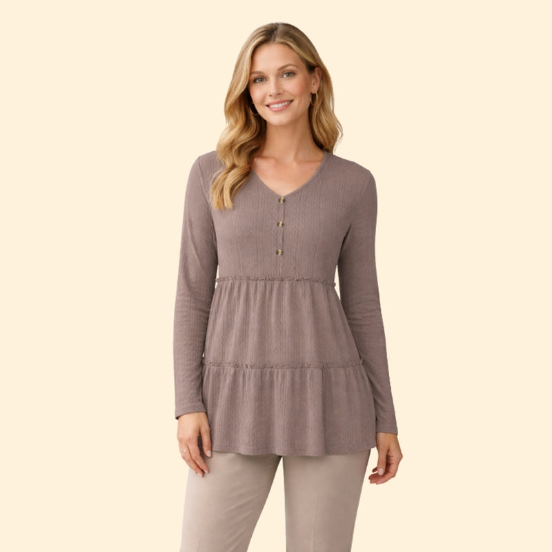 Women’s V-Neck Top with Button and Ruffle Detail