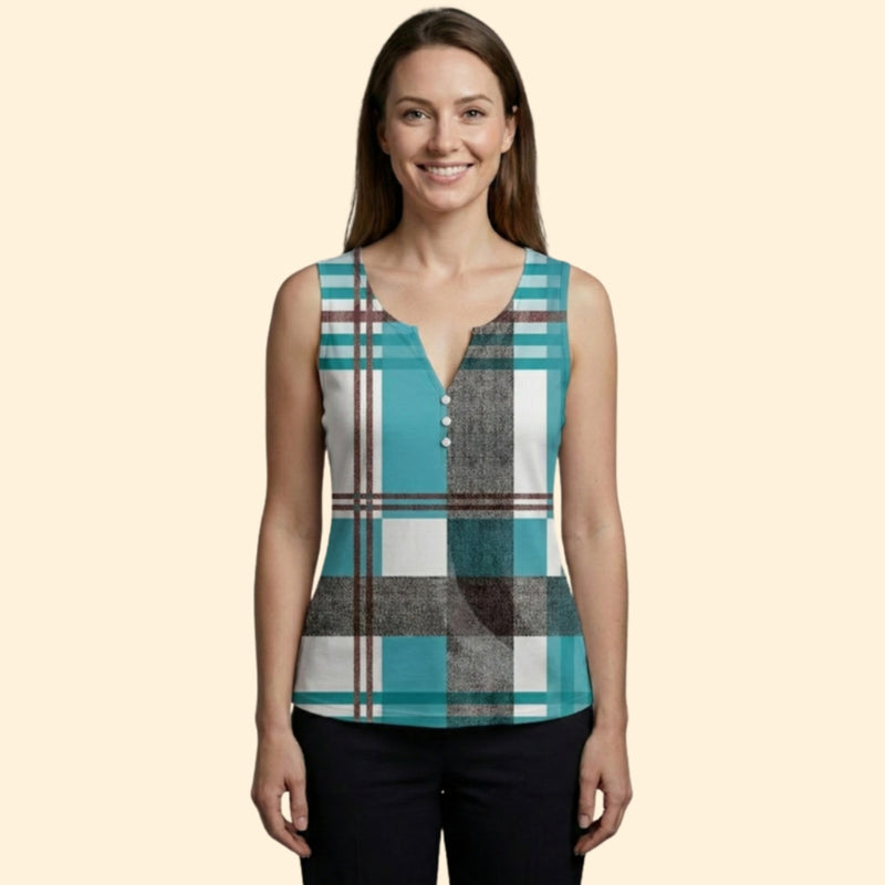 Women’s V-Neck Top with Plaid Pattern