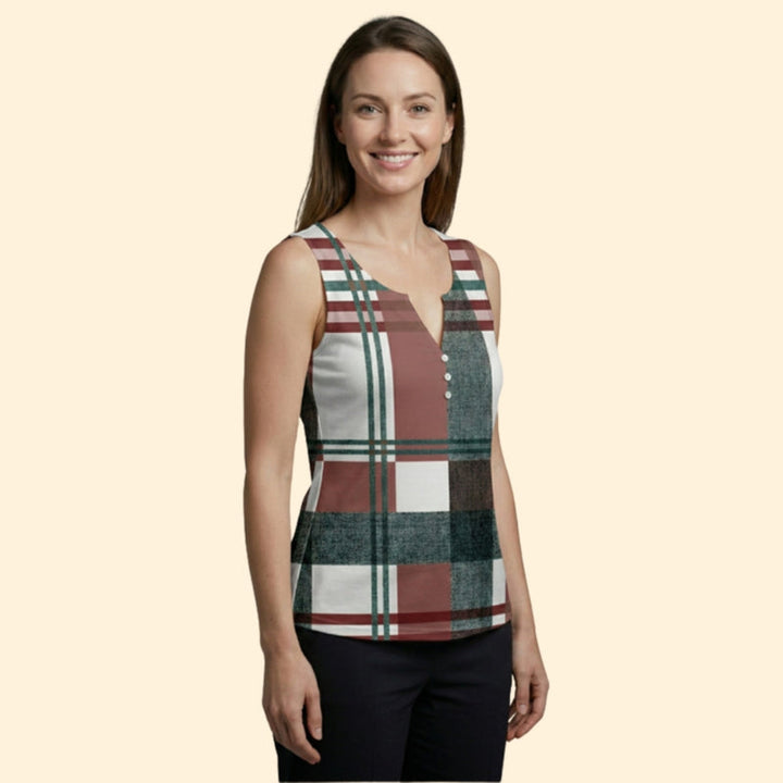 Women’s V-Neck Top with Plaid Pattern