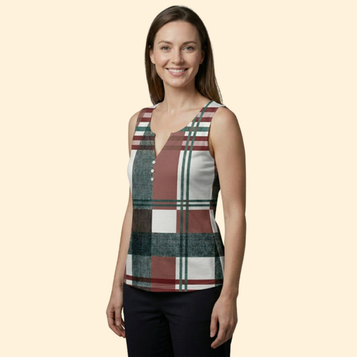 Women’s V-Neck Top with Plaid Pattern