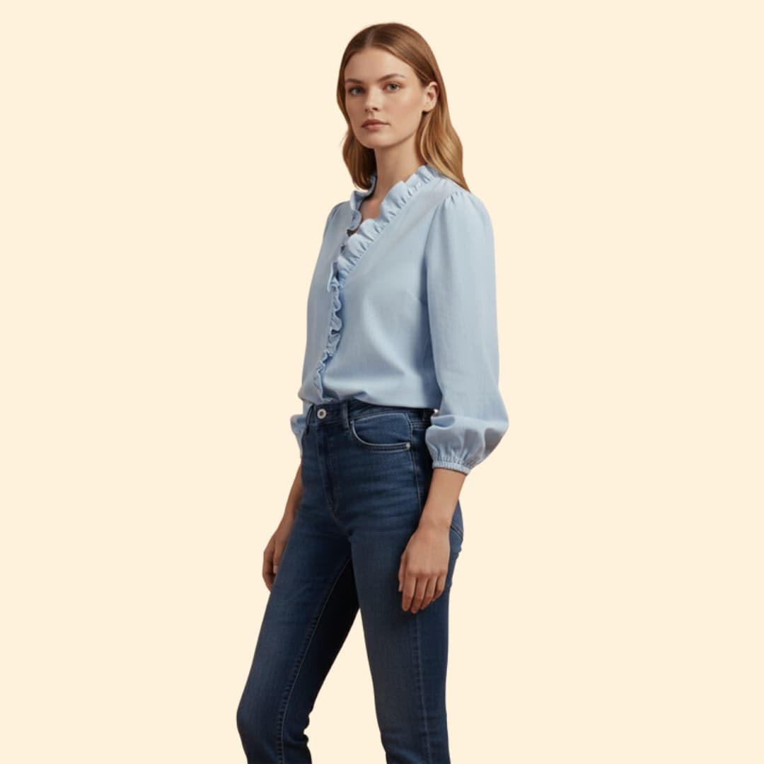 Women’s V-neck Blouse with Ruffled Front Detail
