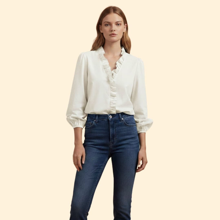 Women’s V-neck Blouse with Ruffled Front Detail