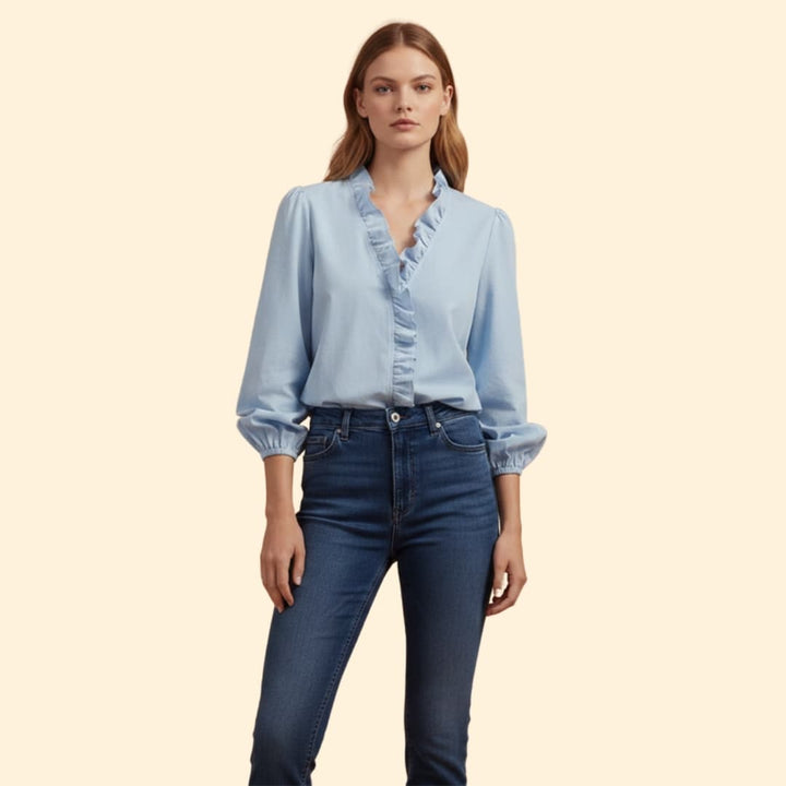 Women’s V-neck Blouse with Ruffled Front Detail