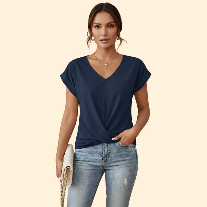 Women's V-neck Casual T-shirt with Rolled Sleeves