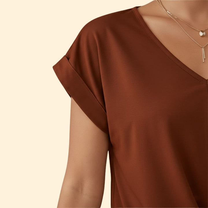 Women's V-neck Casual T-shirt with Rolled Sleeves