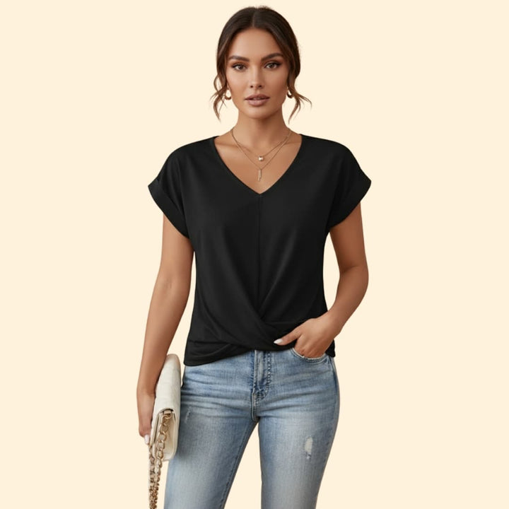 Women's V-neck Casual T-shirt with Rolled Sleeves