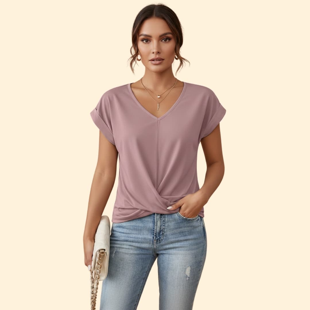 Women's V-neck Casual T-shirt with Rolled Sleeves