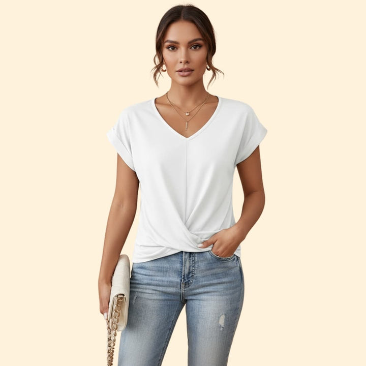Women's V-neck Casual T-shirt with Rolled Sleeves