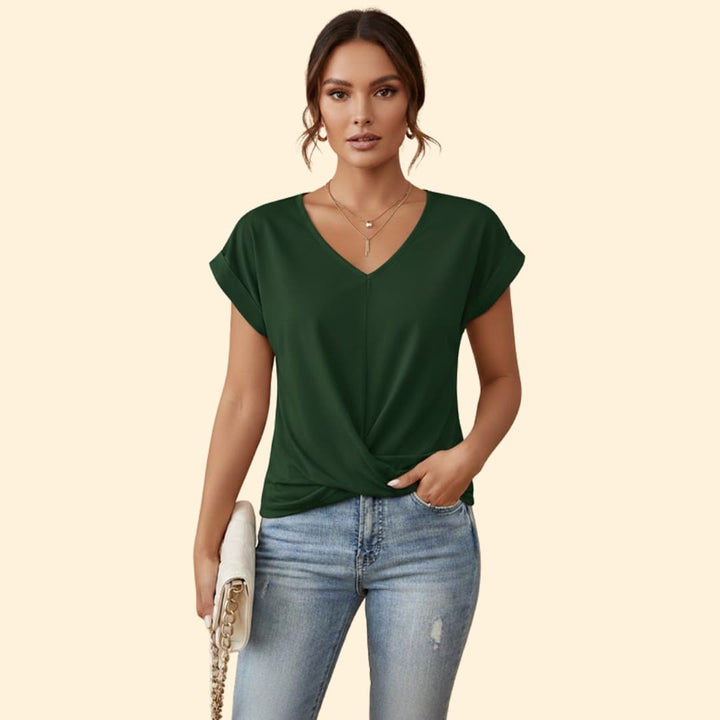 Women's V-neck Casual T-shirt with Rolled Sleeves