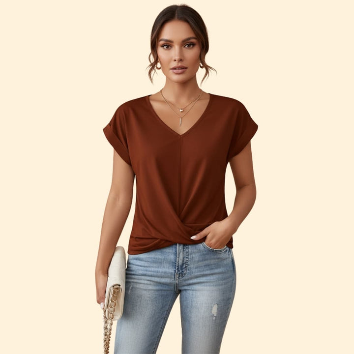 Women's V-neck Casual T-shirt with Rolled Sleeves