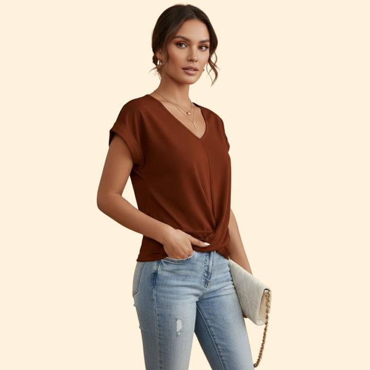 Women's V-neck Casual T-shirt with Rolled Sleeves