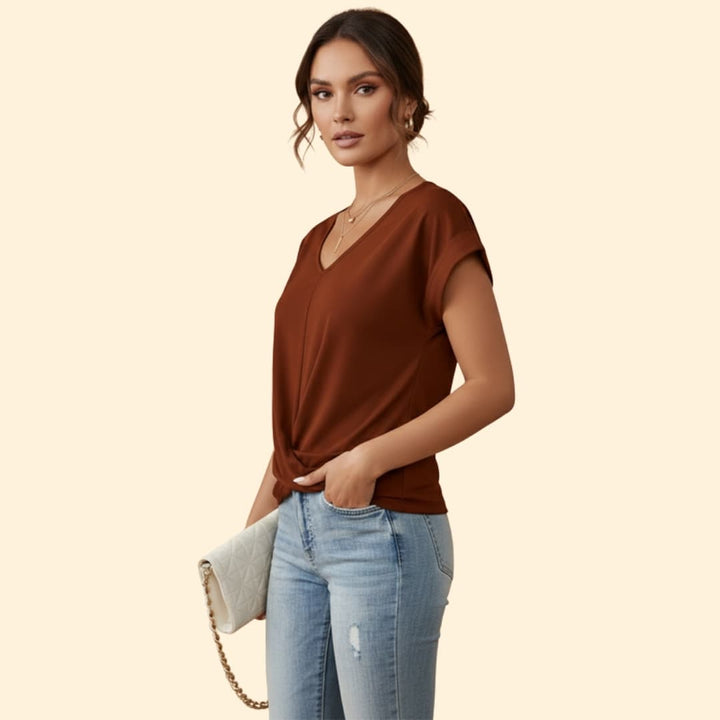 Women's V-neck Casual T-shirt with Rolled Sleeves