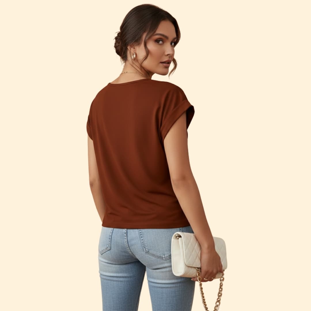 Women's V-neck Casual T-shirt with Rolled Sleeves
