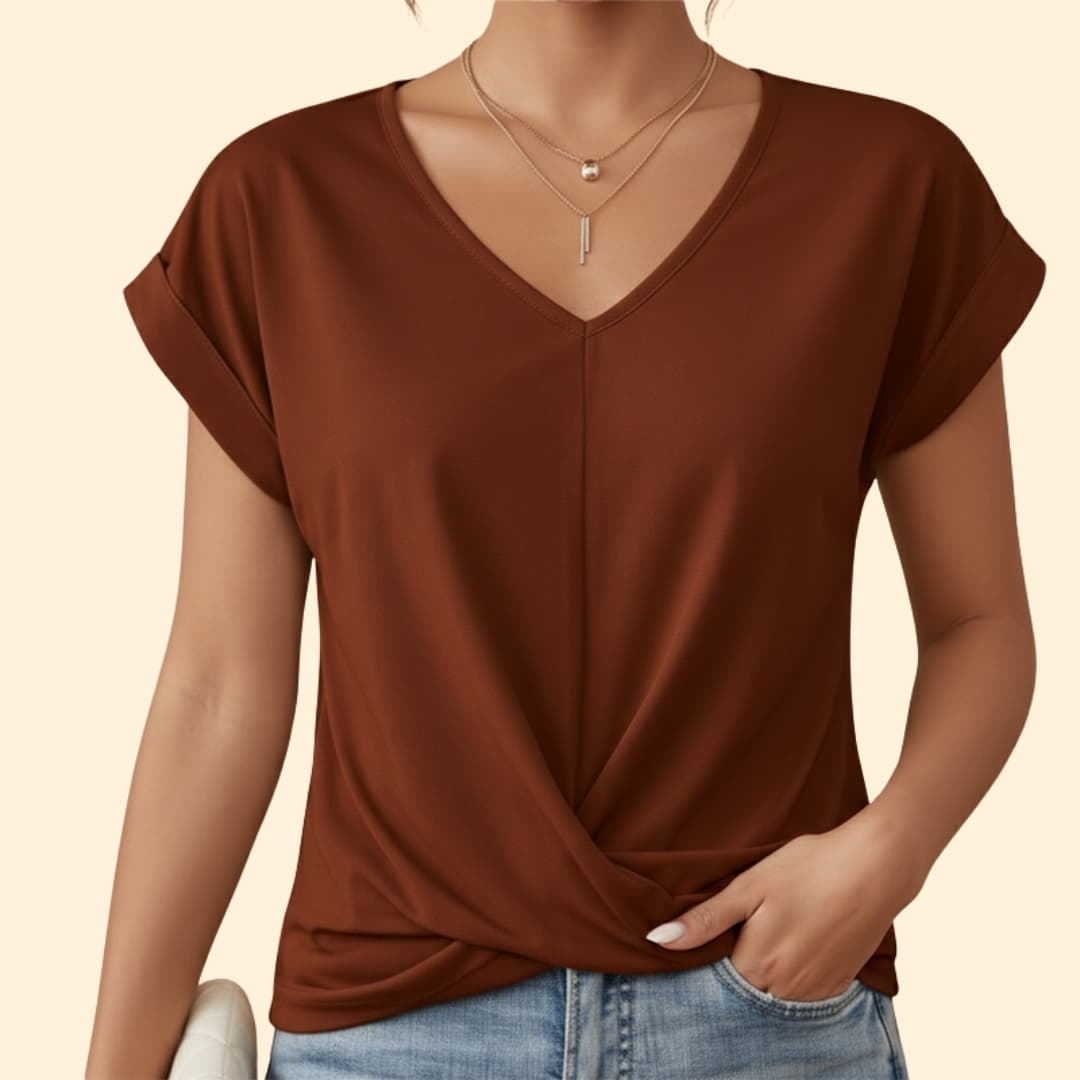 Women's V-neck Casual T-shirt with Rolled Sleeves