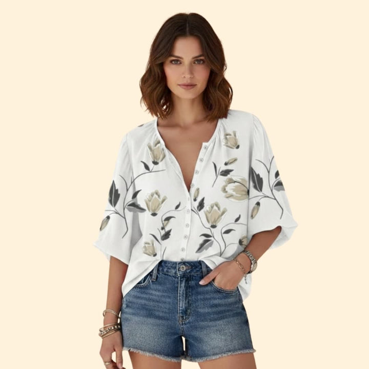 Women’s V-neck Floral Blouse with Button Front