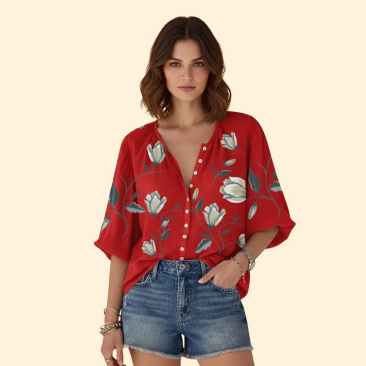 Women’s V-neck Floral Blouse with Button Front