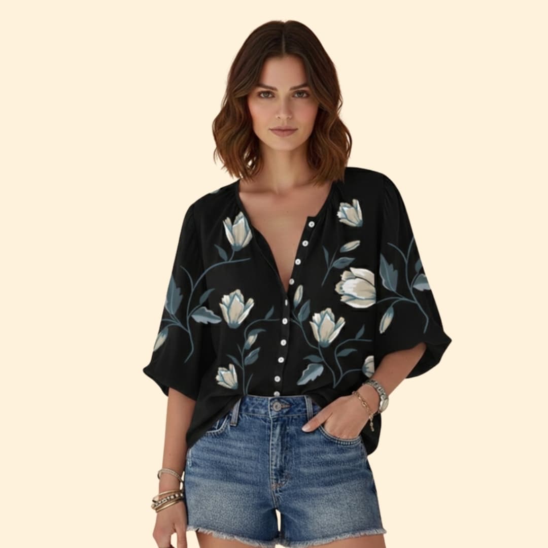 Women’s V-neck Floral Blouse with Button Front