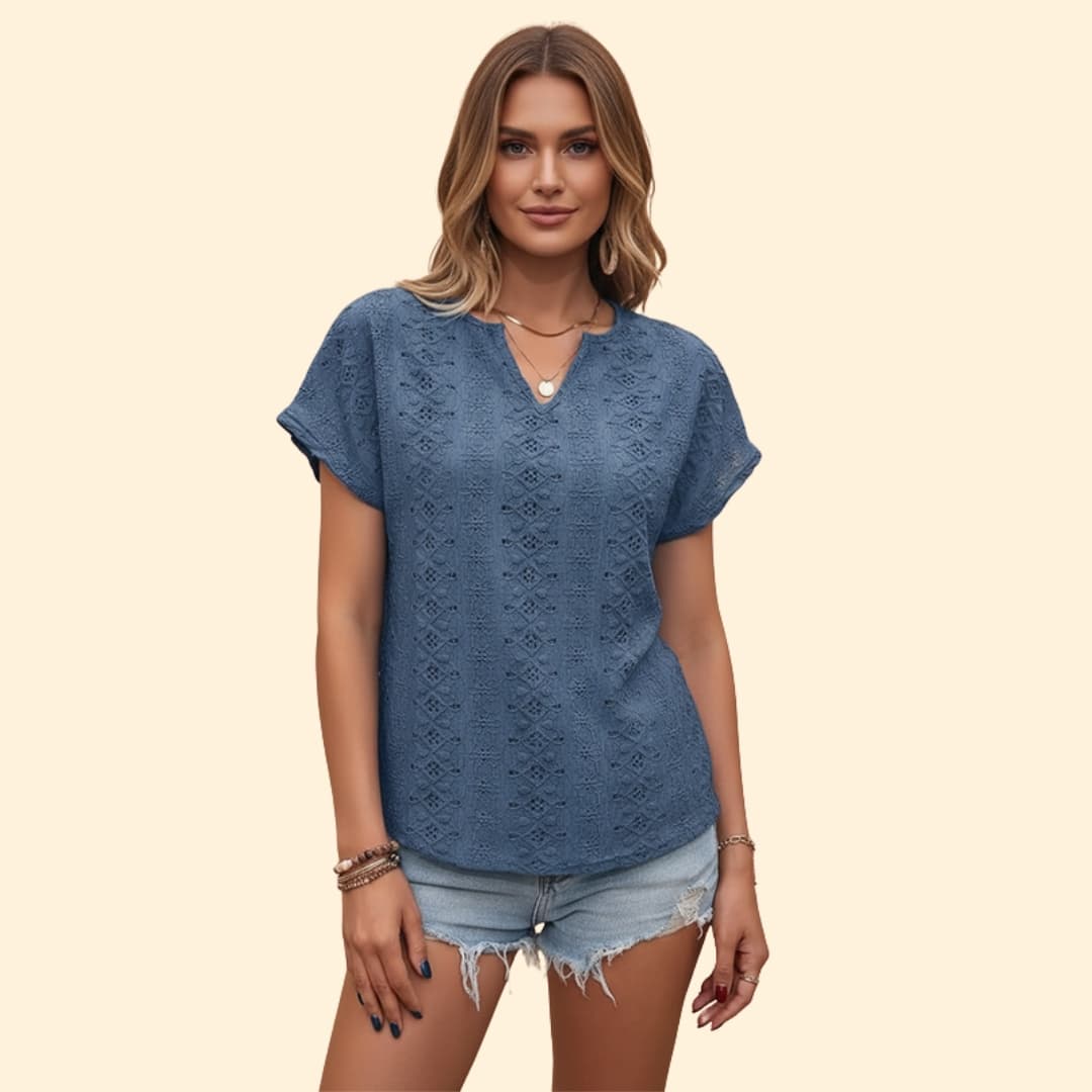 Women’s V-neck T-shirt with Floral Eyelet Detail