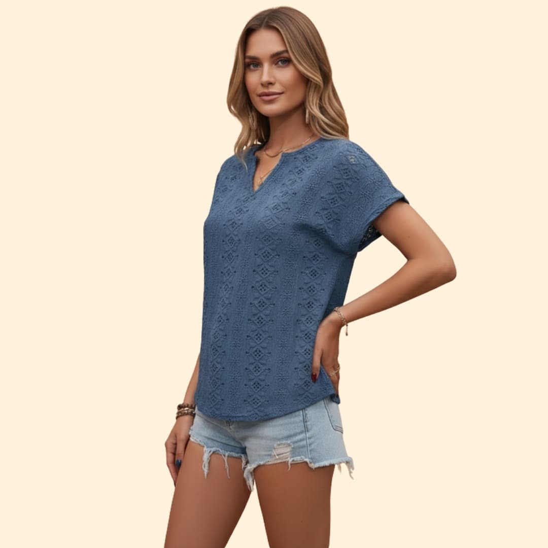 Women’s V-neck T-shirt with Floral Eyelet Detail