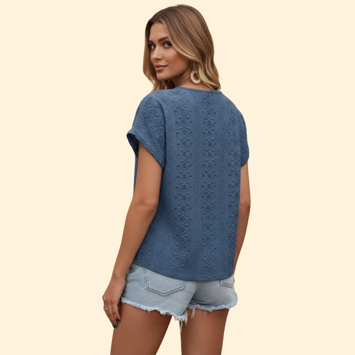Women’s V-neck T-shirt with Floral Eyelet Detail