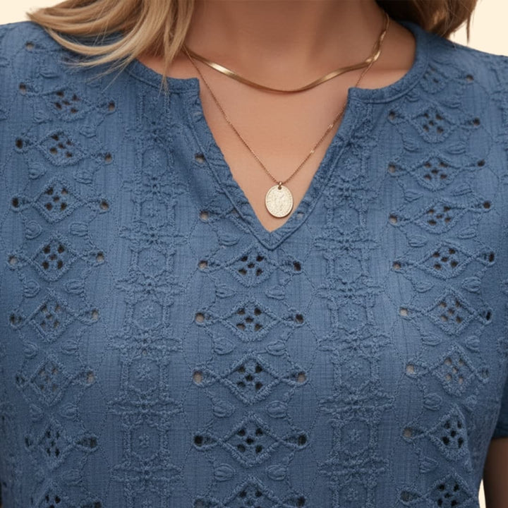 Women’s V-neck T-shirt with Floral Eyelet Detail