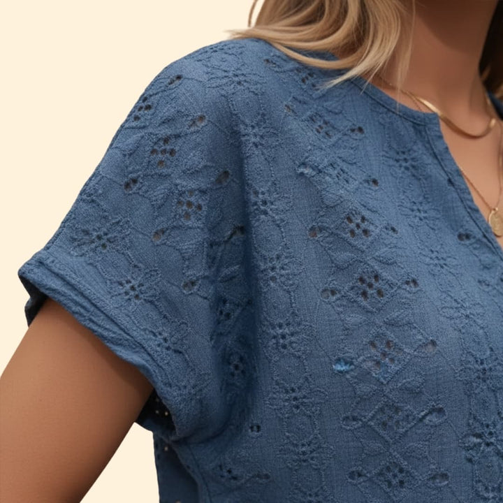 Women’s V-neck T-shirt with Floral Eyelet Detail