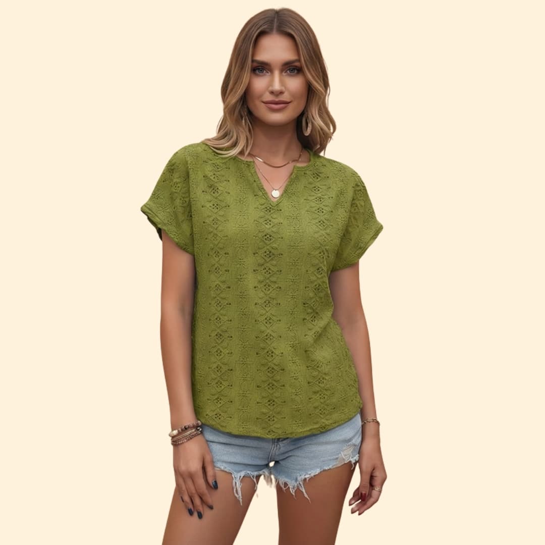 Women’s V-neck T-shirt with Floral Eyelet Detail